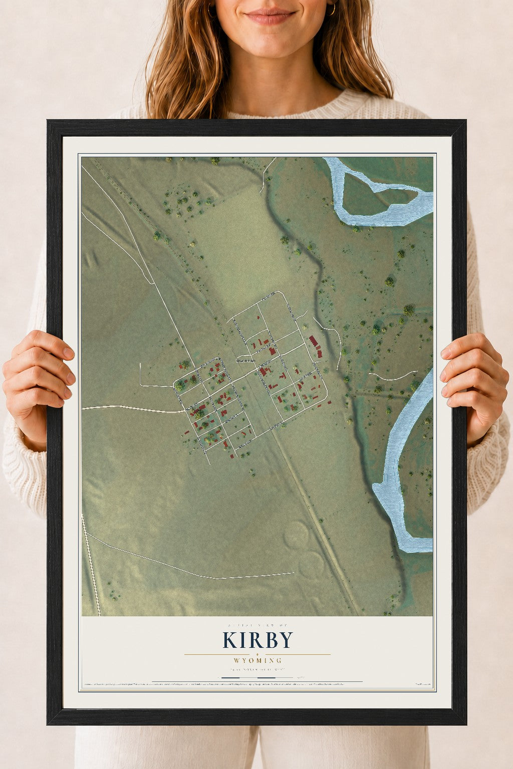 Map of Kirby, Wyoming, 18 x 24 inch print in a black wood frame