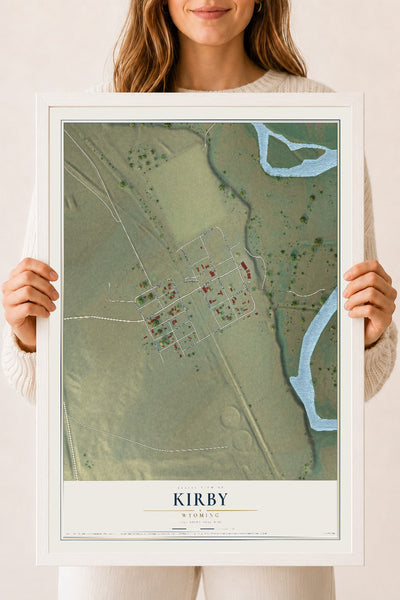 Map of Kirby, Wyoming, 18 x 24 inch print in a white wood frame