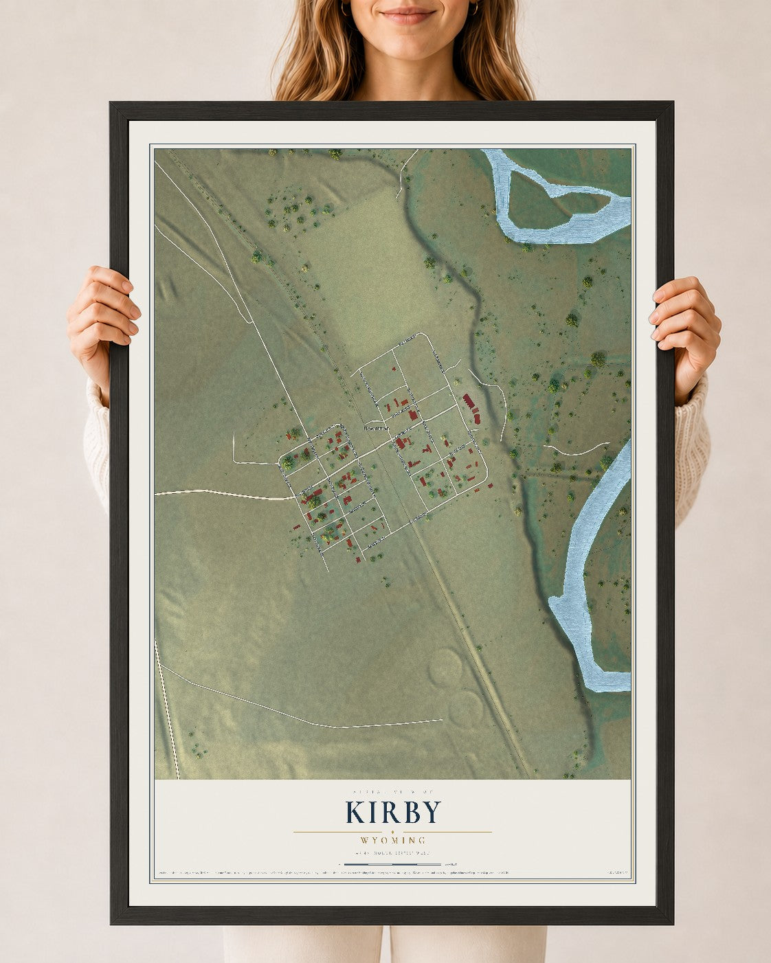 Map of Kirby, Wyoming, 24 x 36 inch print in a black wood frame