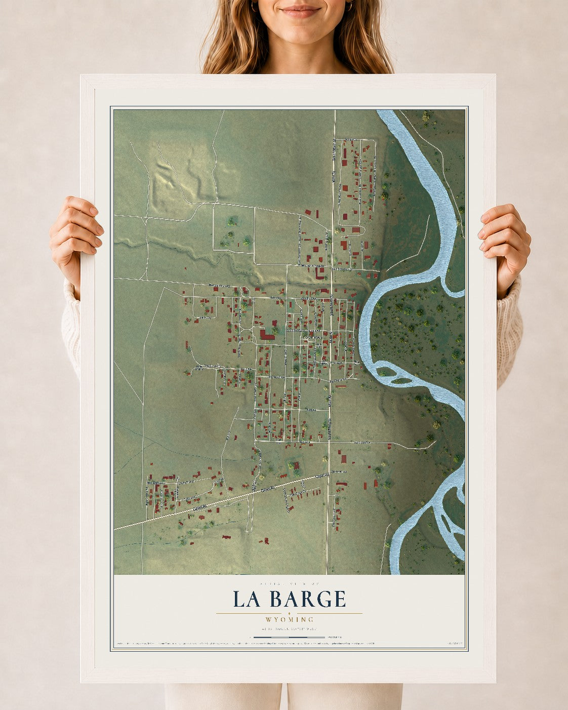 Map of La Barge, Wyoming, 24 x 36 inch print in a white wood frame