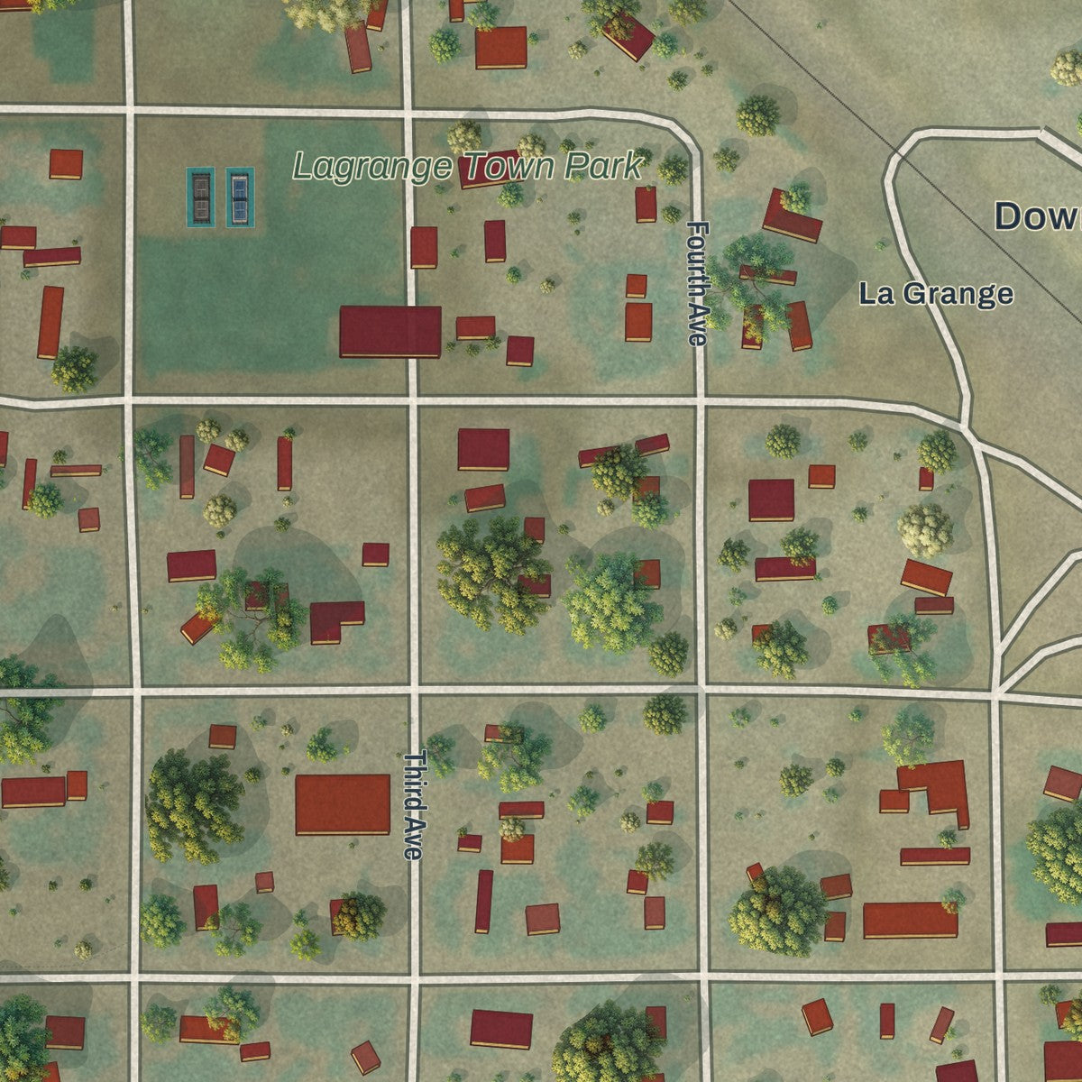 Close-up of the map of LaGrange, Wyoming print showing street and building detail