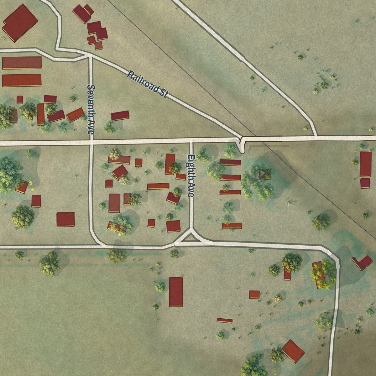 Second close-up of the map of LaGrange, Wyoming print showing more streets and buildings