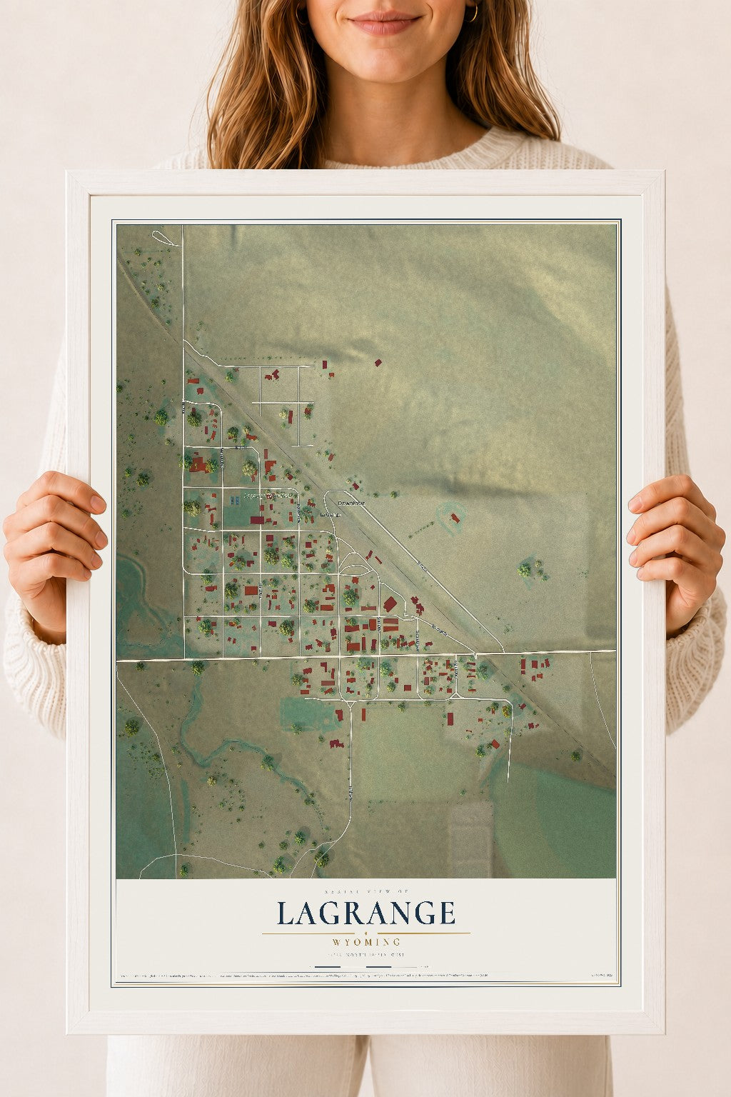 Map of LaGrange, Wyoming, 18 x 24 inch print in a white wood frame