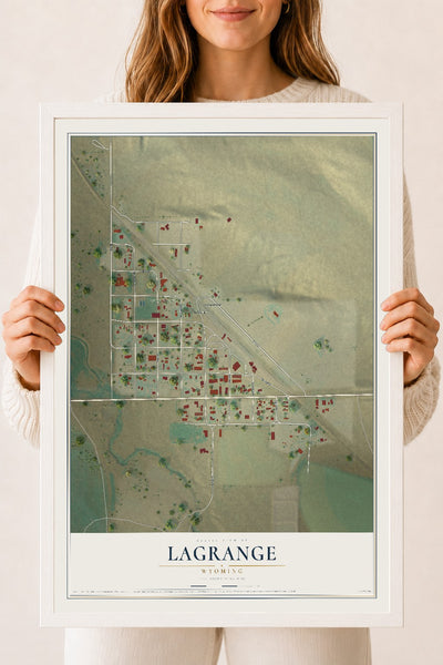 Map of LaGrange, Wyoming, 18 x 24 inch print in a white wood frame