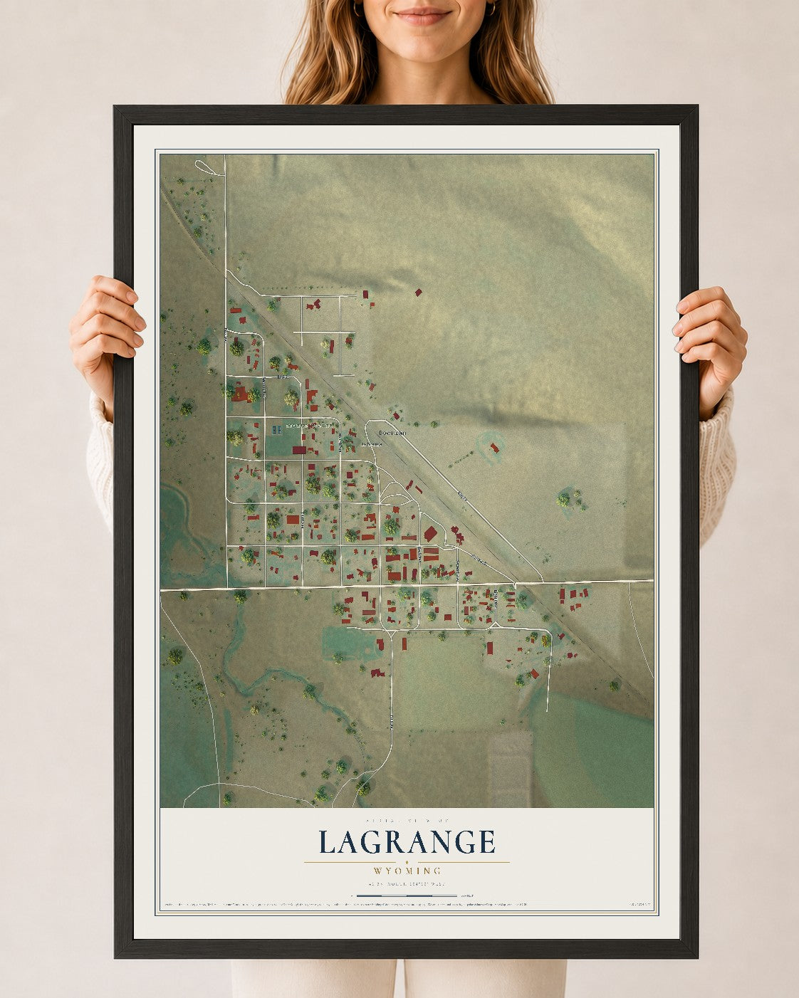 Map of LaGrange, Wyoming, 24 x 36 inch print in a black wood frame