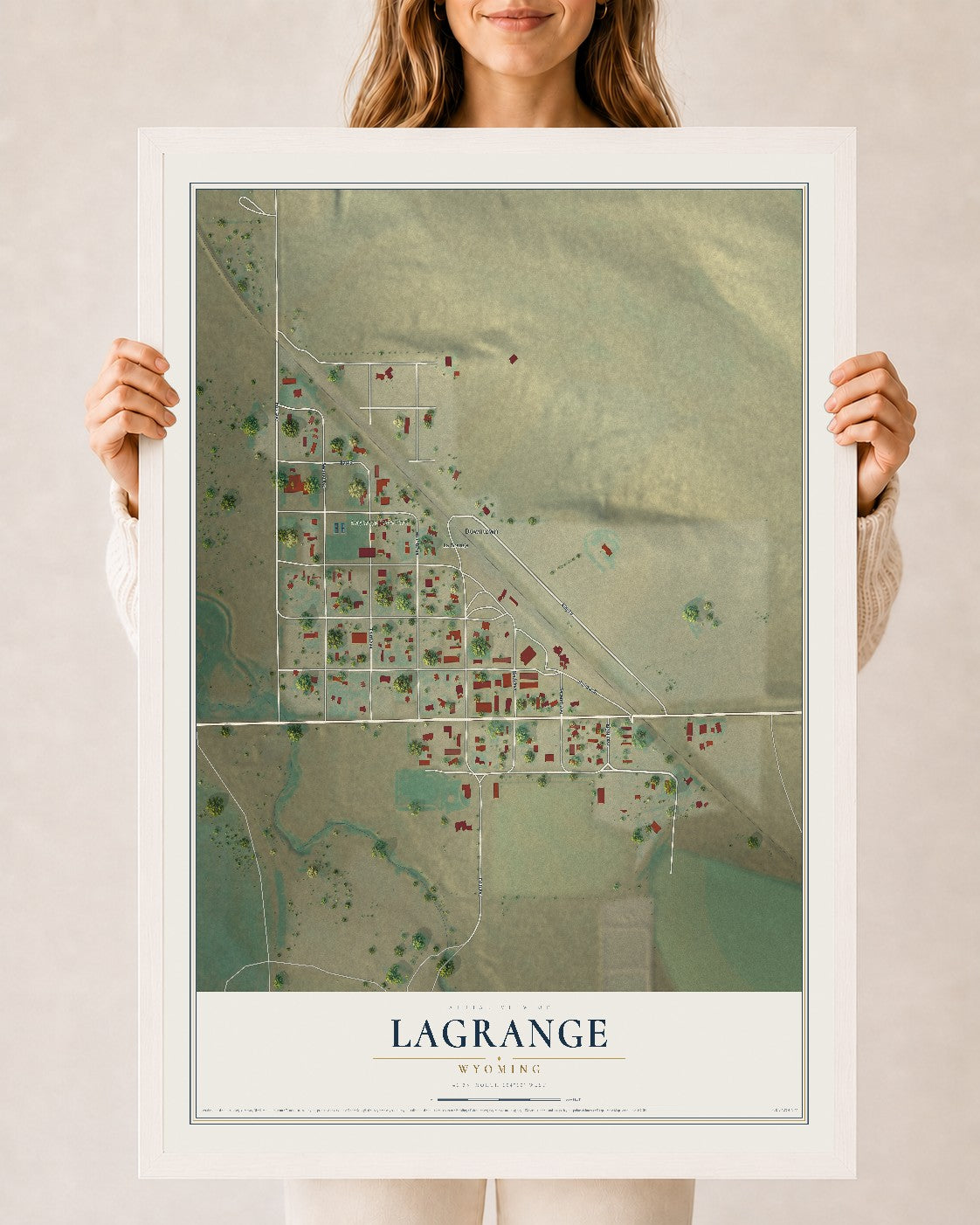 Map of LaGrange, Wyoming, 24 x 36 inch print in a white wood frame