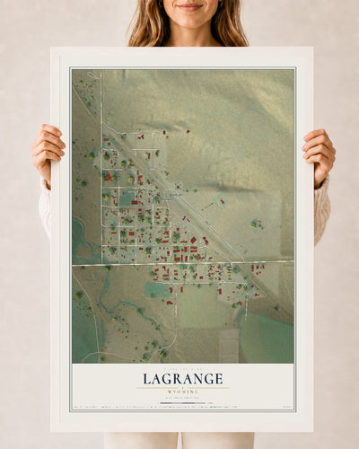 Map of LaGrange, Wyoming, 24 x 36 inch print in a white wood frame
