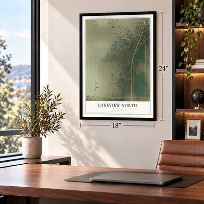 Lakeview North, Wyoming map, 18 x 24 inch print in a black frame in a home office