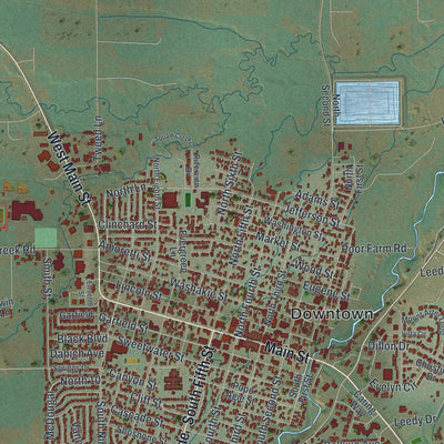 Close-up of the map of Lander, Wyoming print showing street and building detail
