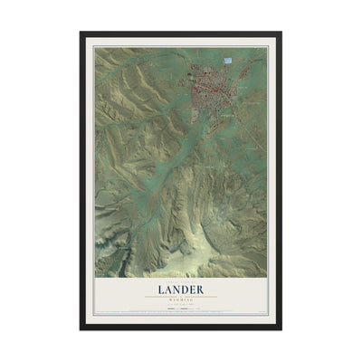 Map of Lander, Wyoming, 12 x 18 inch print in a black wood frame