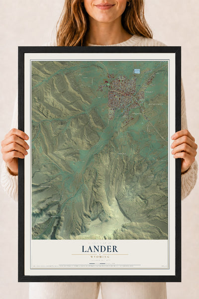 Map of Lander, Wyoming, 18 x 24 inch print in a black wood frame