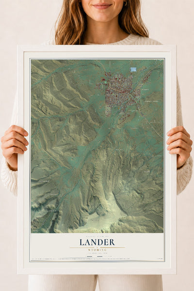 Map of Lander, Wyoming, 18 x 24 inch print in a white wood frame