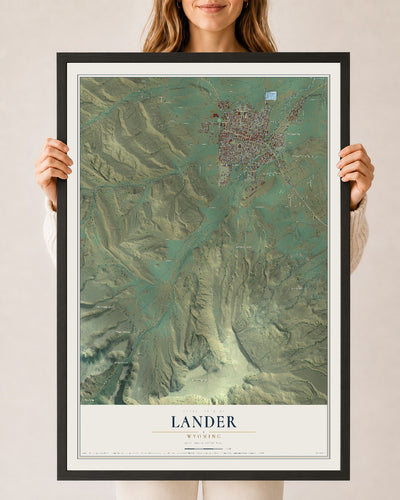 Map of Lander, Wyoming, 24 x 36 inch print in a black wood frame