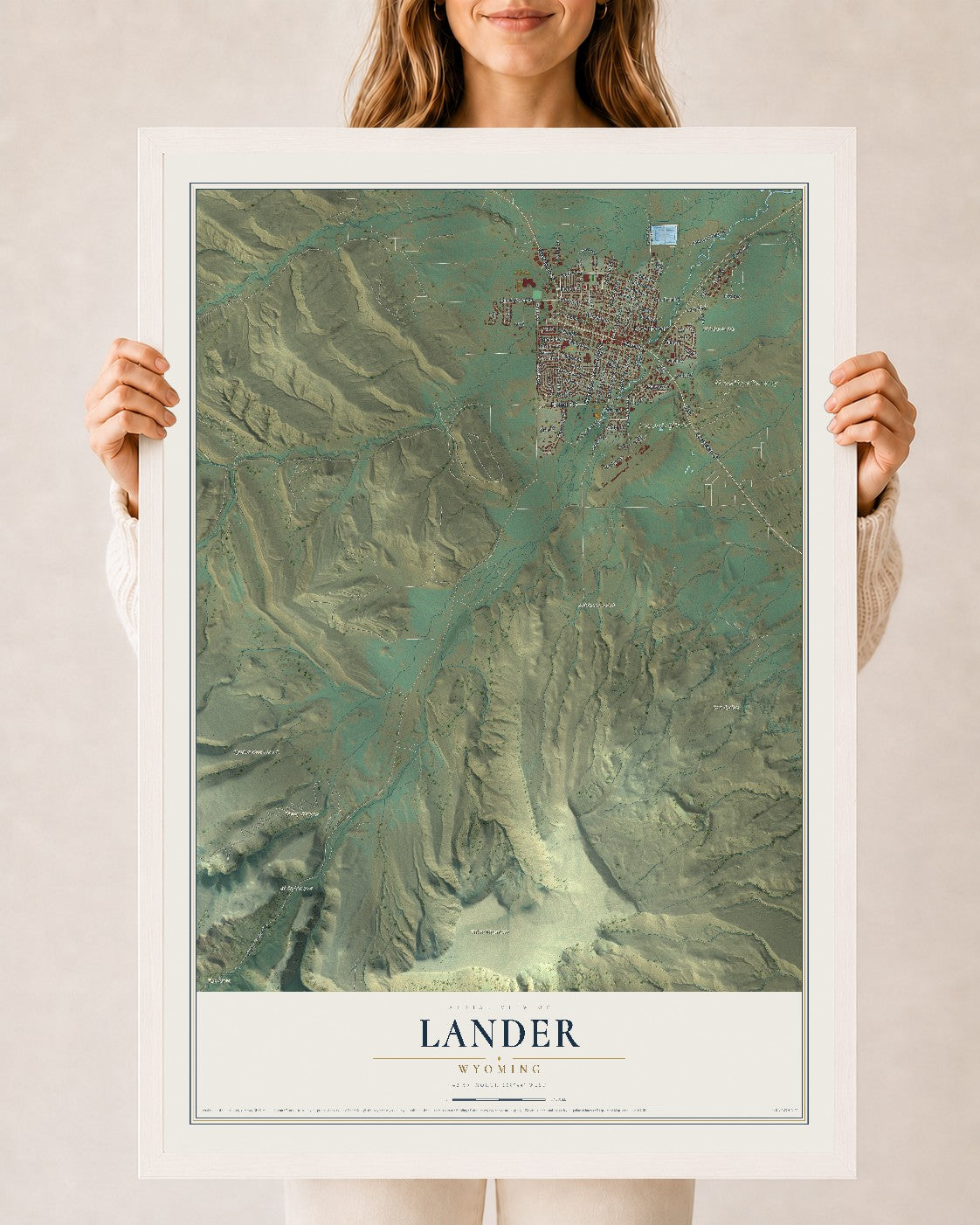 Map of Lander, Wyoming, 24 x 36 inch print in a white wood frame