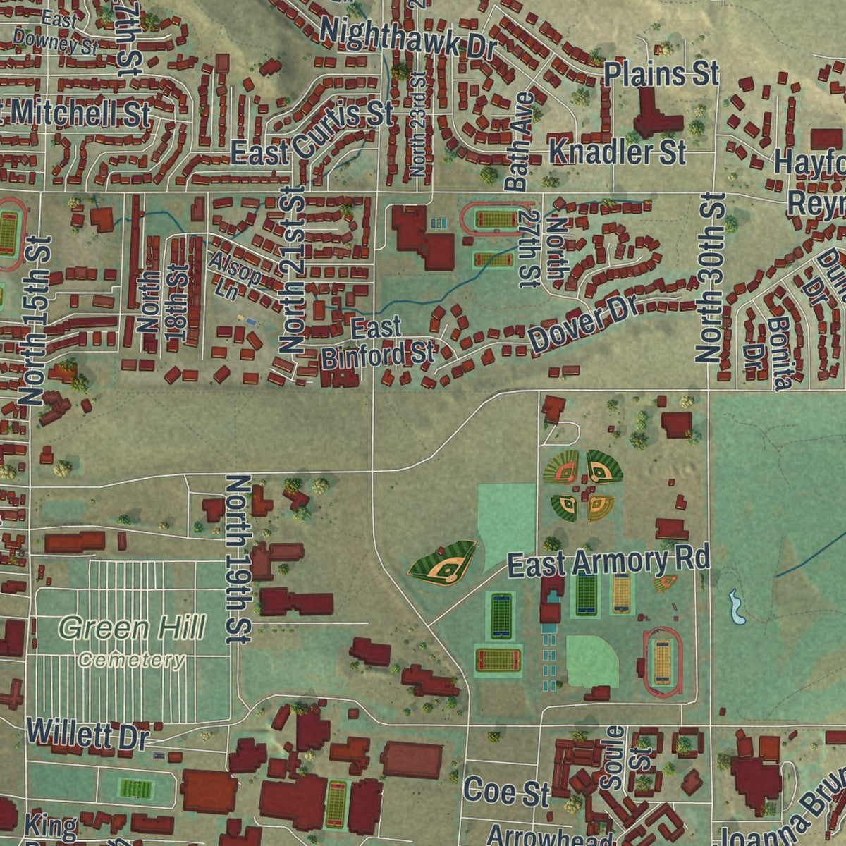 Close-up of the map of Laramie, Wyoming print showing street and building detail