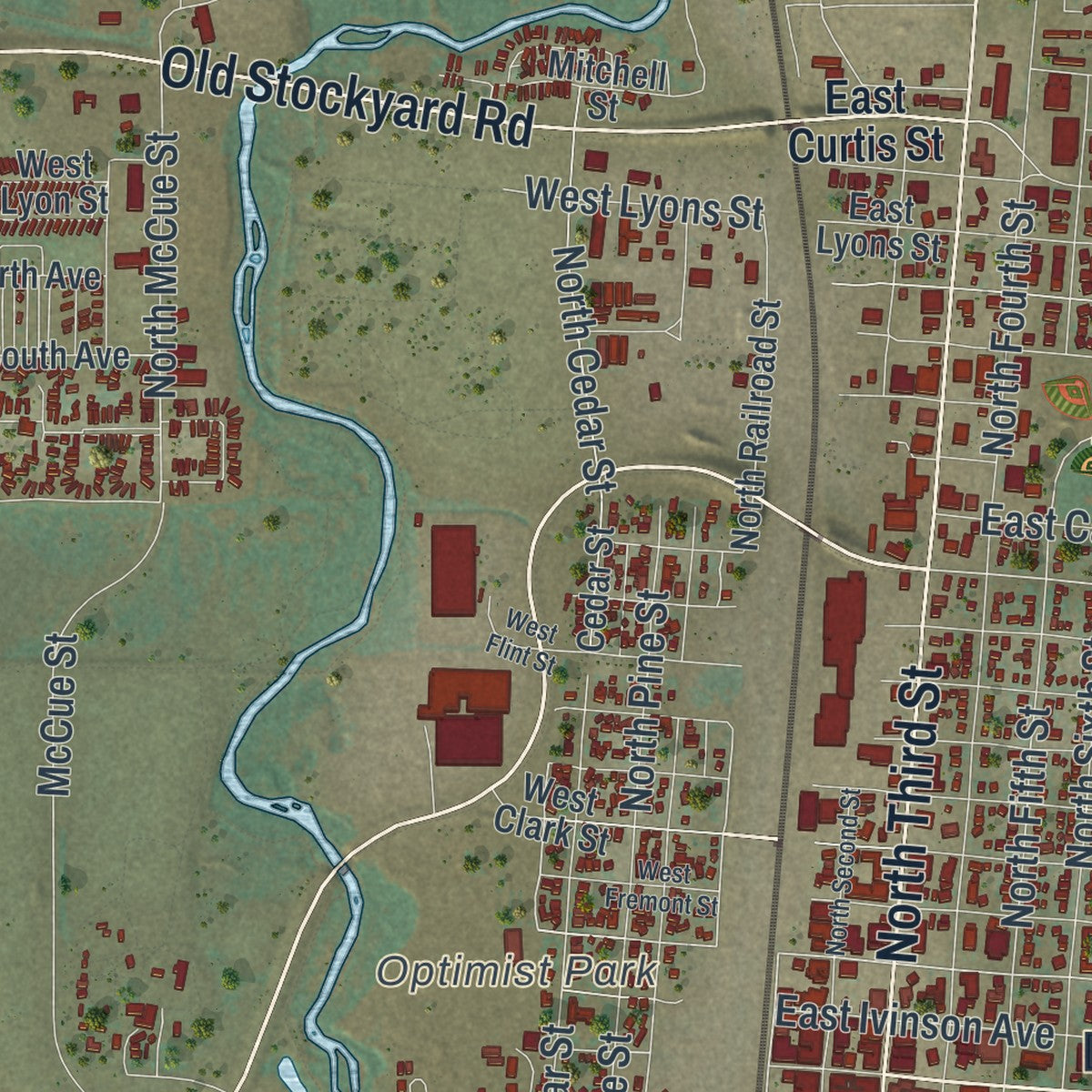 Second close-up of the map of Laramie, Wyoming print showing more streets and buildings