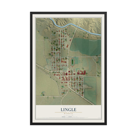Map of Lingle, Wyoming, 12 x 18 inch print in a black wood frame