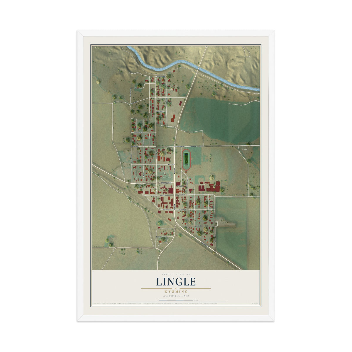 Map of Lingle, Wyoming, 12 x 18 inch print in a white wood frame