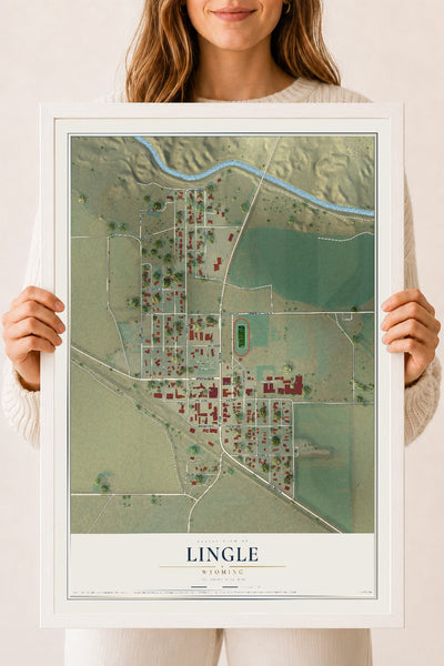 Map of Lingle, Wyoming, 18 x 24 inch print in a white wood frame