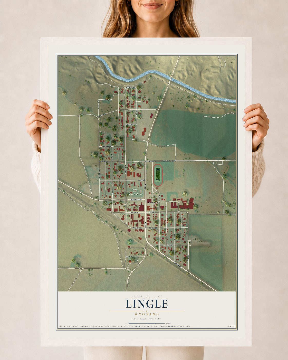 Map of Lingle, Wyoming, 24 x 36 inch print in a white wood frame