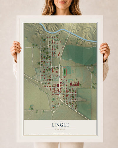 Map of Lingle, Wyoming, 24 x 36 inch print in a white wood frame