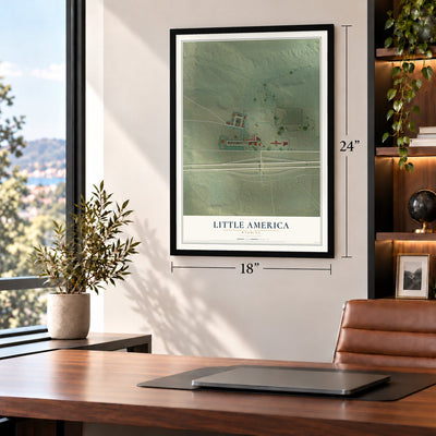Little America, Wyoming map, 18 x 24 inch print in a black frame in a home office