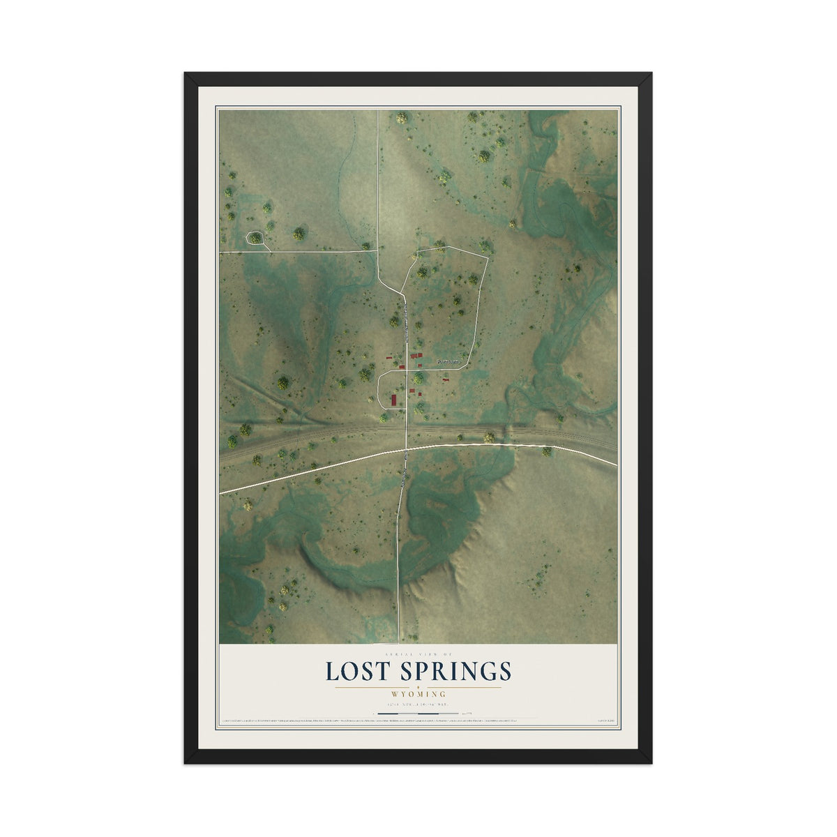 Map of Lost Springs, Wyoming, 12 x 18 inch print in a black wood frame