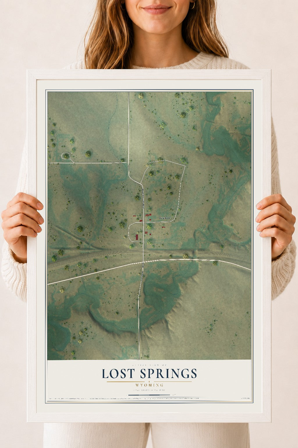 Map of Lost Springs, Wyoming, 18 x 24 inch print in a white wood frame
