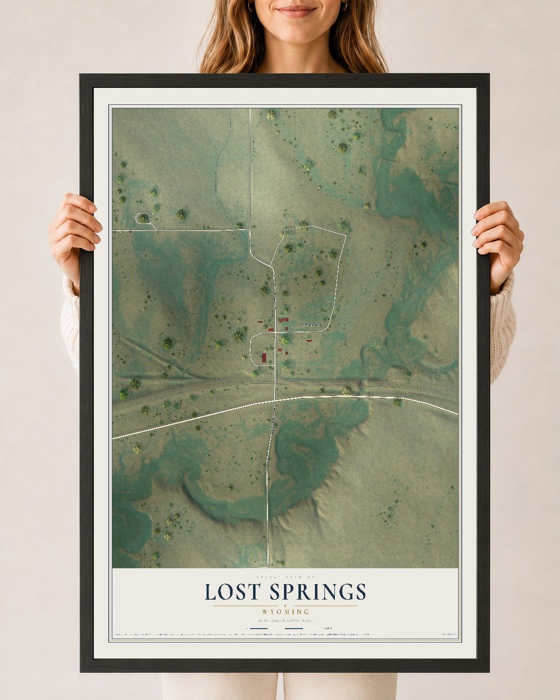 Map of Lost Springs, Wyoming, 24 x 36 inch print in a black wood frame