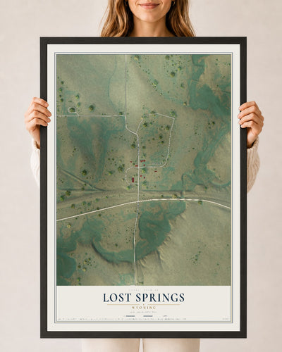 Map of Lost Springs, Wyoming, 24 x 36 inch print in a black wood frame