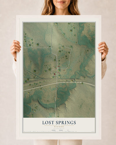 Map of Lost Springs, Wyoming, 24 x 36 inch print in a white wood frame