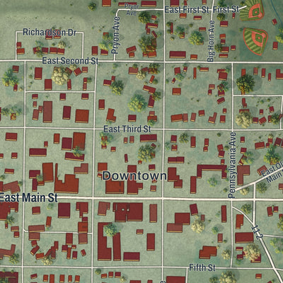 Close-up of the map of Lovell, Wyoming print showing street and building detail