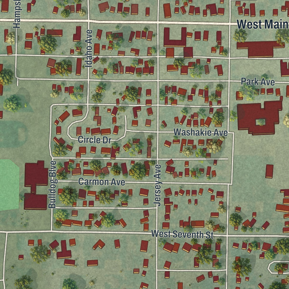 Second close-up of the map of Lovell, Wyoming print showing more streets and buildings
