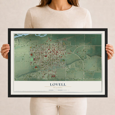 Map of Lovell, Wyoming, 12 x 18 inch print in a black wood frame