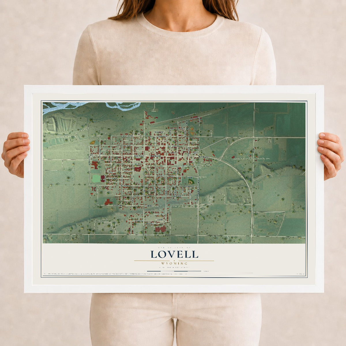Map of Lovell, Wyoming, 12 x 18 inch print in a white wood frame