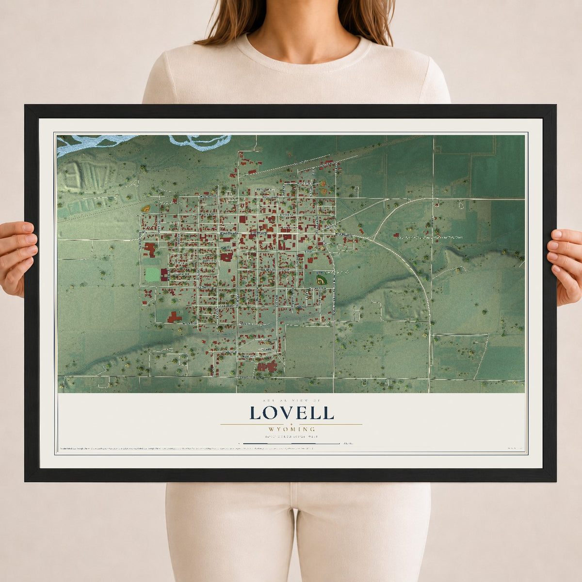 Map of Lovell, Wyoming, 18 x 24 inch print in a black wood frame