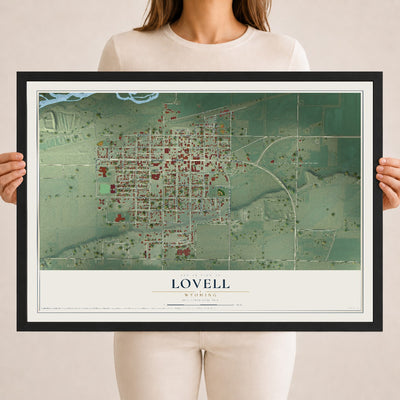 Map of Lovell, Wyoming, 18 x 24 inch print in a black wood frame