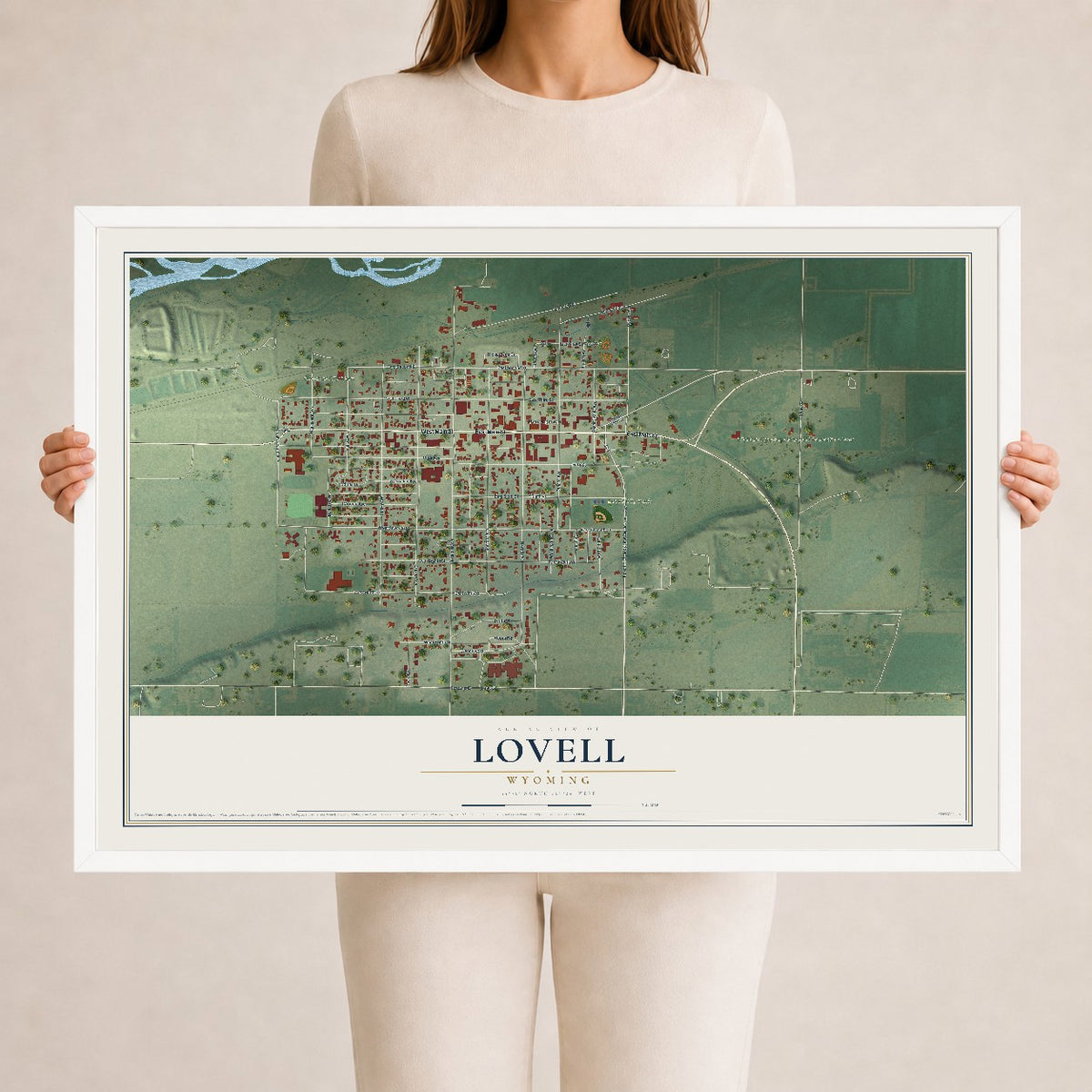 Map of Lovell, Wyoming, 24 x 36 inch print in a white wood frame