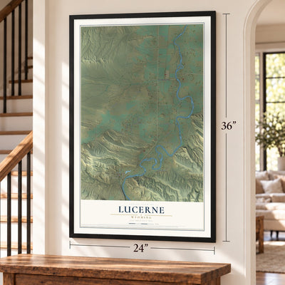 Lucerne, Wyoming map, 24 x 36 inch print in a black frame by a staircase