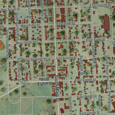 Close-up of the map of Lusk, Wyoming print showing street and building detail