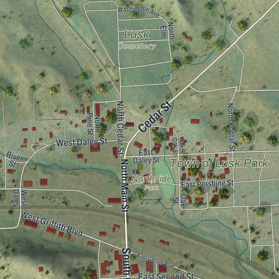 Second close-up of the map of Lusk, Wyoming print showing more streets and buildings