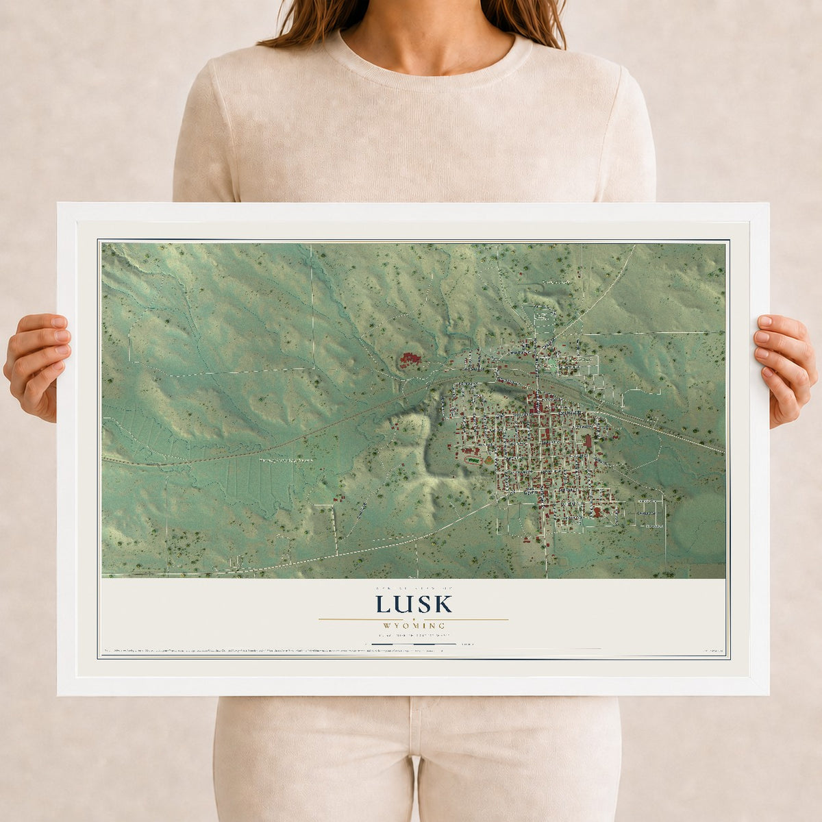 Map of Lusk, Wyoming, 12 x 18 inch print in a white wood frame
