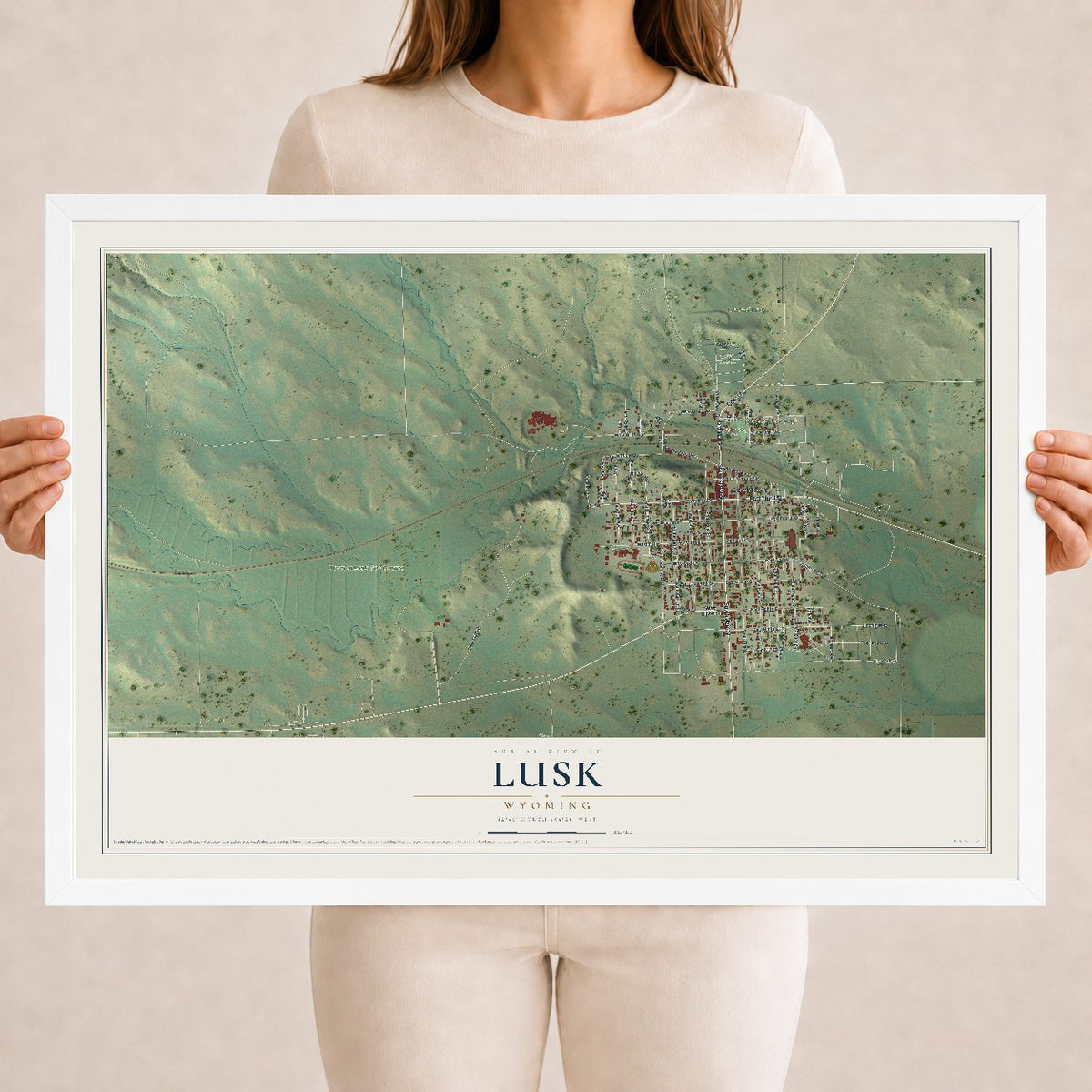 Map of Lusk, Wyoming, 18 x 24 inch print in a white wood frame