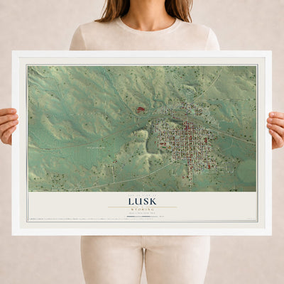 Map of Lusk, Wyoming, 18 x 24 inch print in a white wood frame