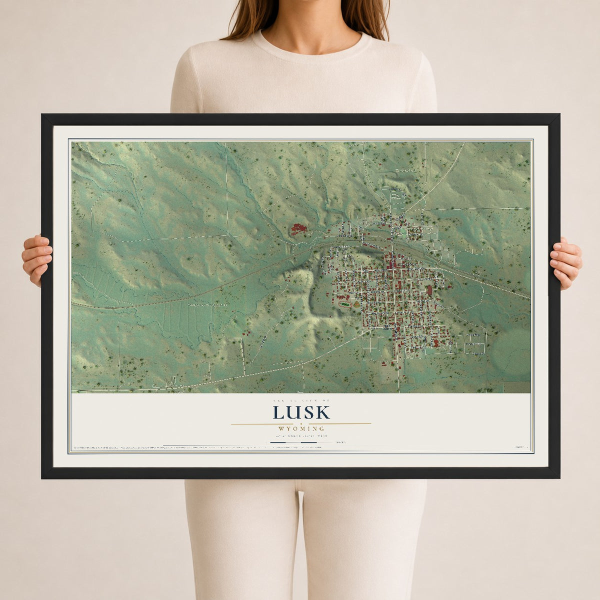 Map of Lusk, Wyoming, 24 x 36 inch print in a black wood frame