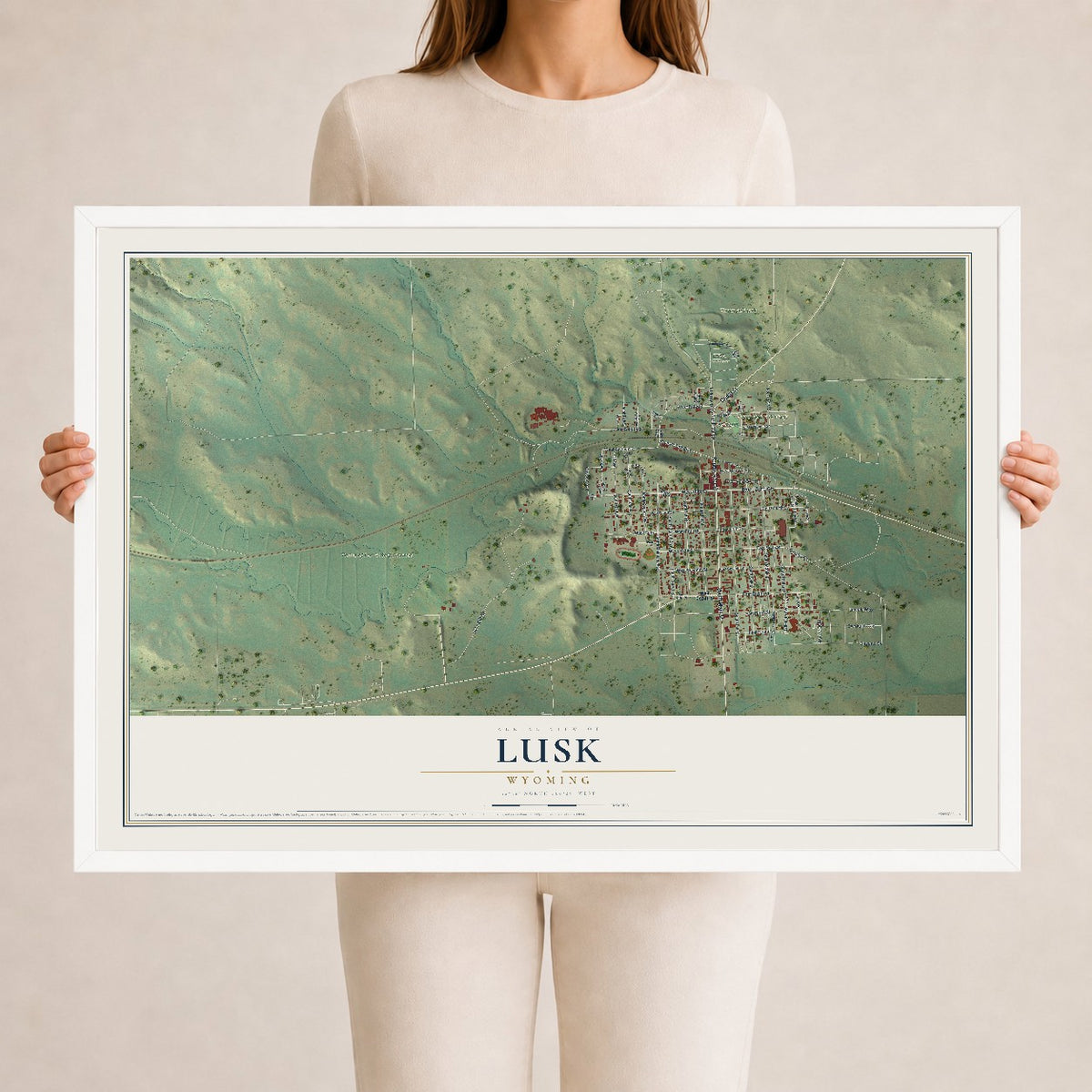 Map of Lusk, Wyoming, 24 x 36 inch print in a white wood frame