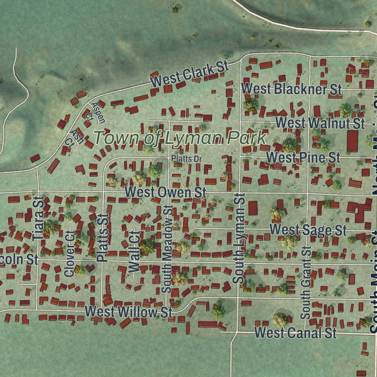 Close-up of the map of Lyman, Wyoming print showing street and building detail