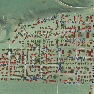 Close-up of the map of Lyman, Wyoming print showing street and building detail