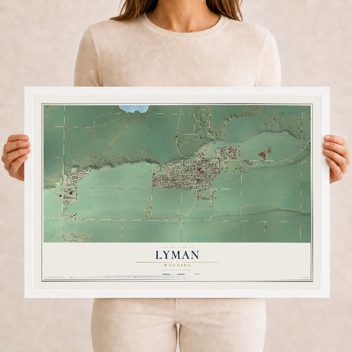Map of Lyman, Wyoming, 12 x 18 inch print in a white wood frame