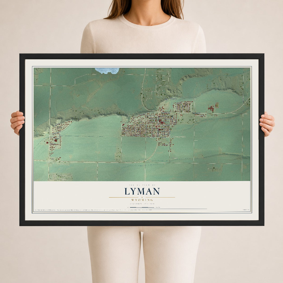 Map of Lyman, Wyoming, 24 x 36 inch print in a black wood frame